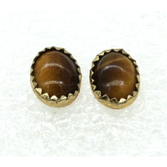 925 STERLING Southwest minimalist tigers eye gold filled EARRINGS vintage 9mm - Picture 4 of 8
